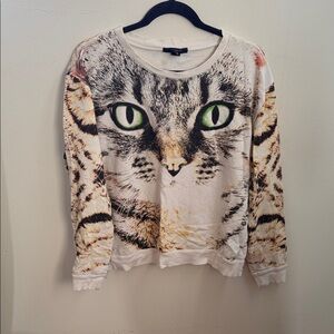 Forever 21 Cream Cat Face Sweater with Green Eyes